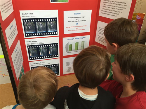 Students looking at science fair project board